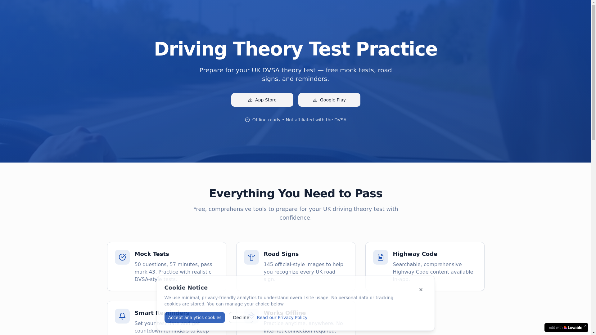 website screenshot of https://drivingtheorytest.app/