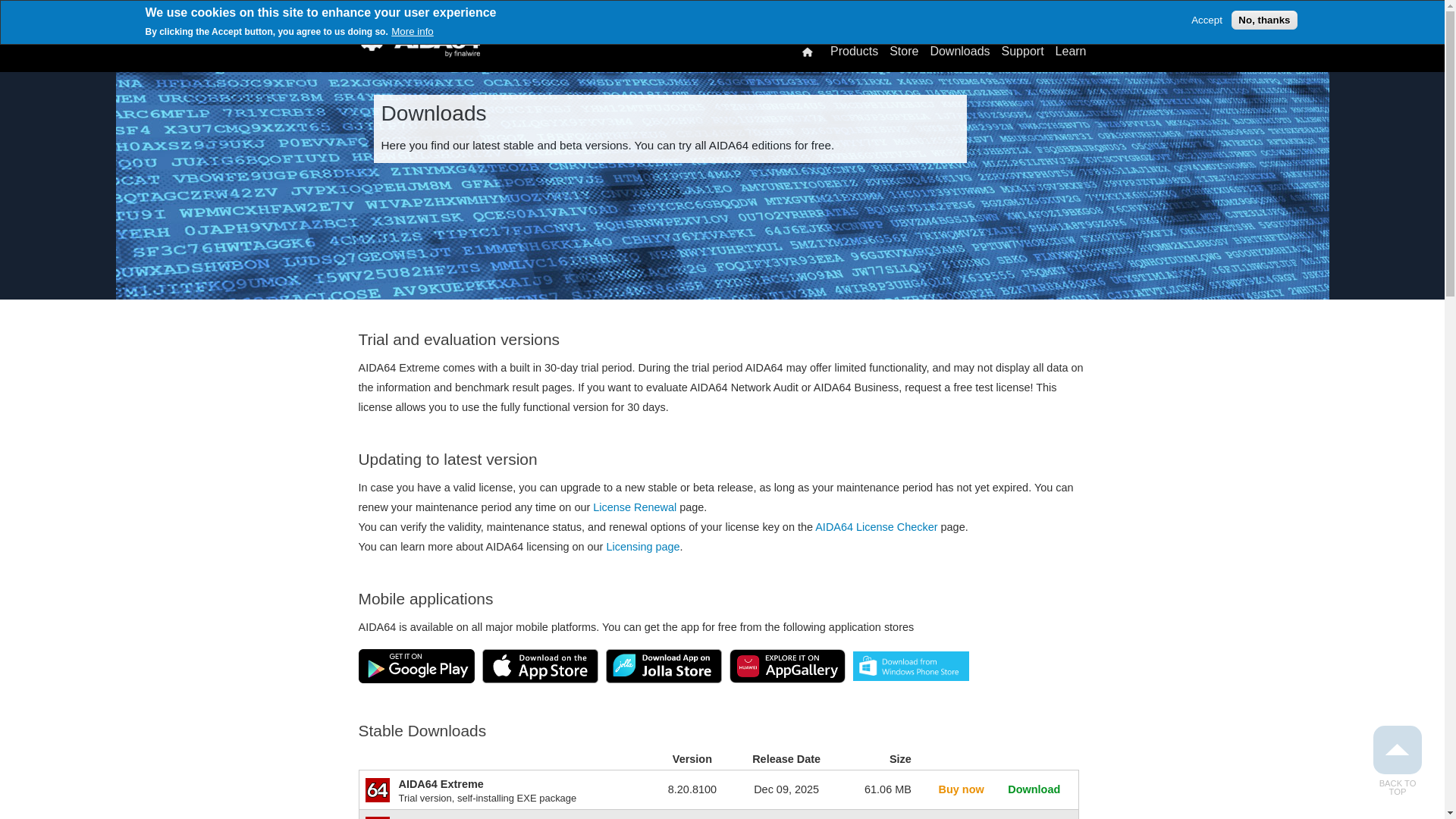 website screenshot of https://www.aida64.com/downloads