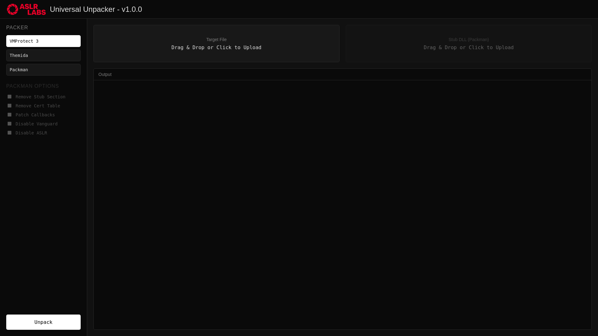 website screenshot of https://aslr-labs-unpacker-frontend.pages.dev/
