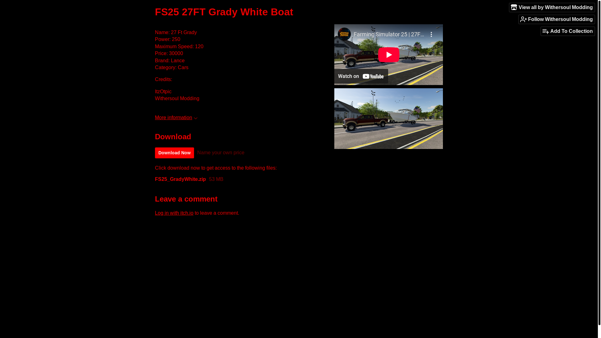 website screenshot of https://withersoul-modding.itch.io/27ft-grady-white-boat