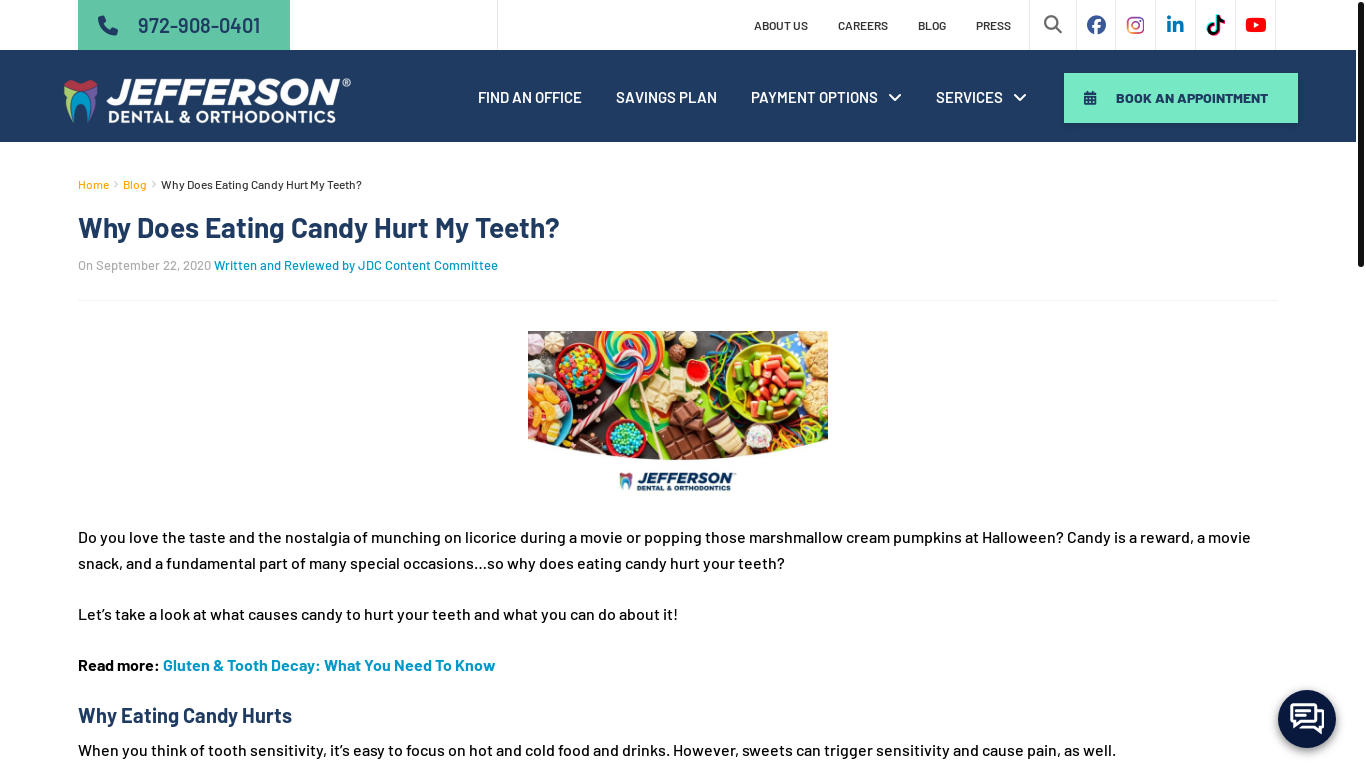 website screenshot of https://www.jeffersondentalclinics.com/blog/eating-candy-hurts-your-teeth