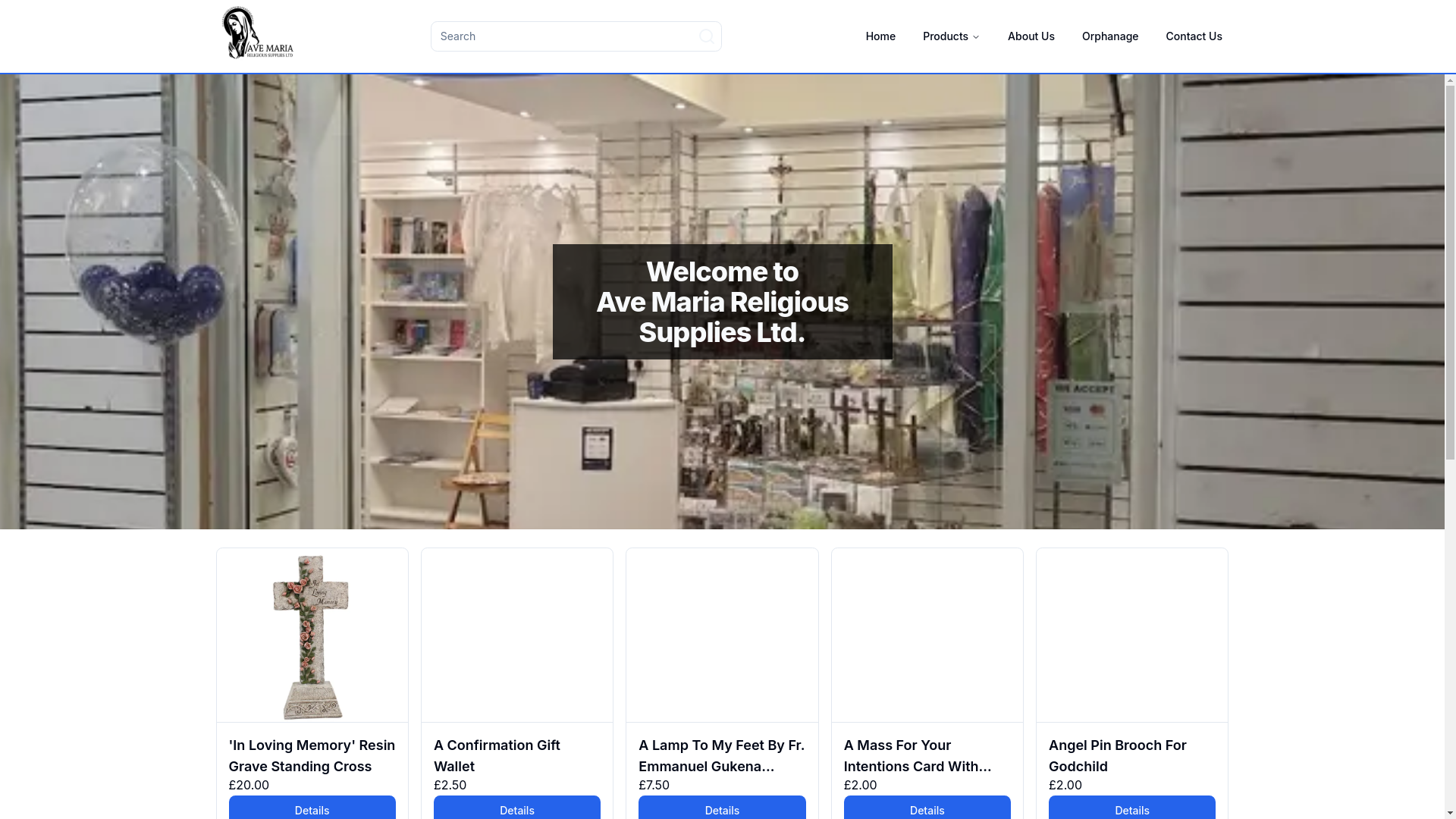 website screenshot of https://avemariareligioussupplies.com/