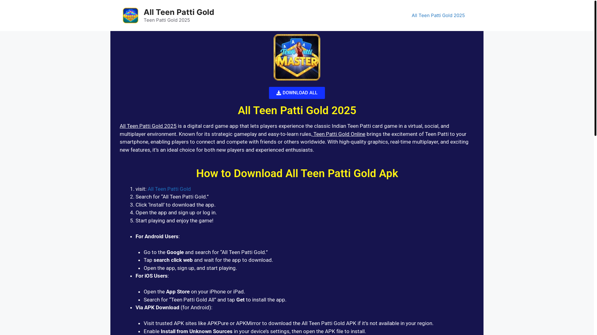 website screenshot of https://allteenpattigold.in/