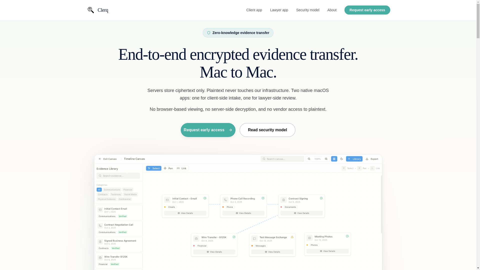 website screenshot of https://clerq.legal/