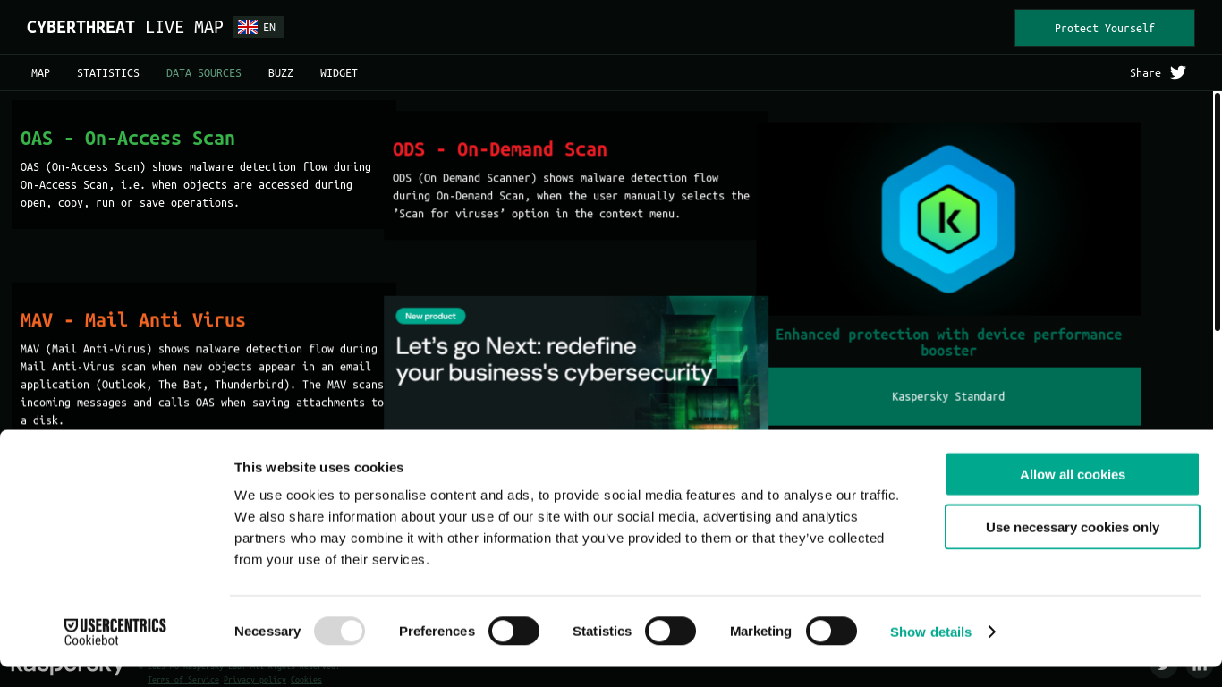 website screenshot of https://cybermap.kaspersky.com/subsystems