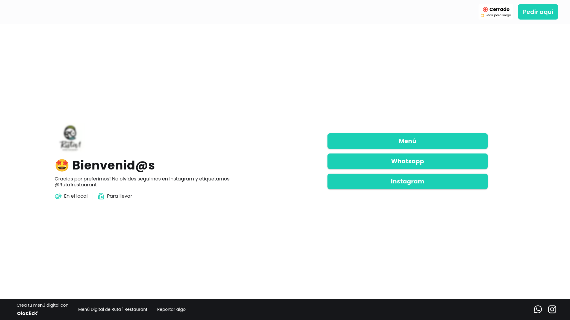 website screenshot of https://ruta1restaurant.com/