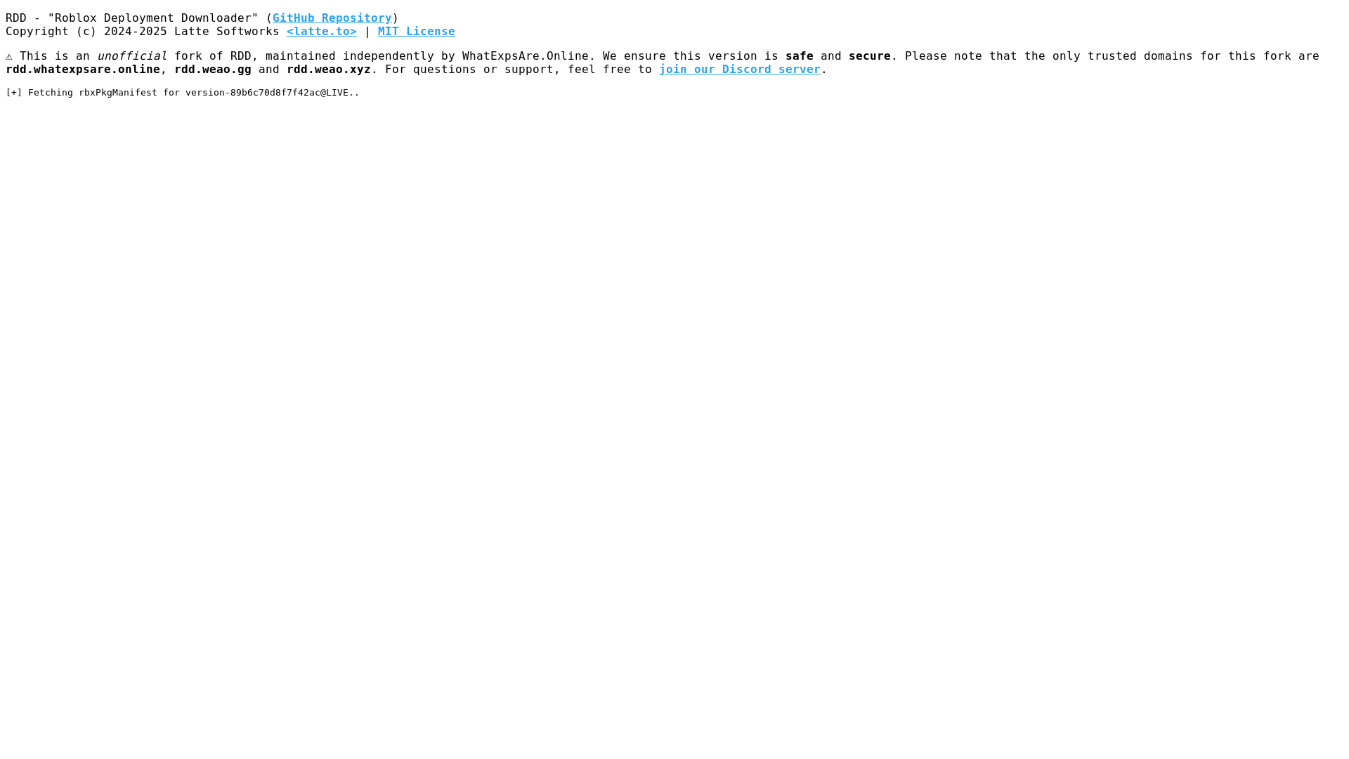 website screenshot of https://rdd.weao.gg/?channel=LIVE&binaryType=WindowsPlayer&version=version-89b6c70d8f7f42ac