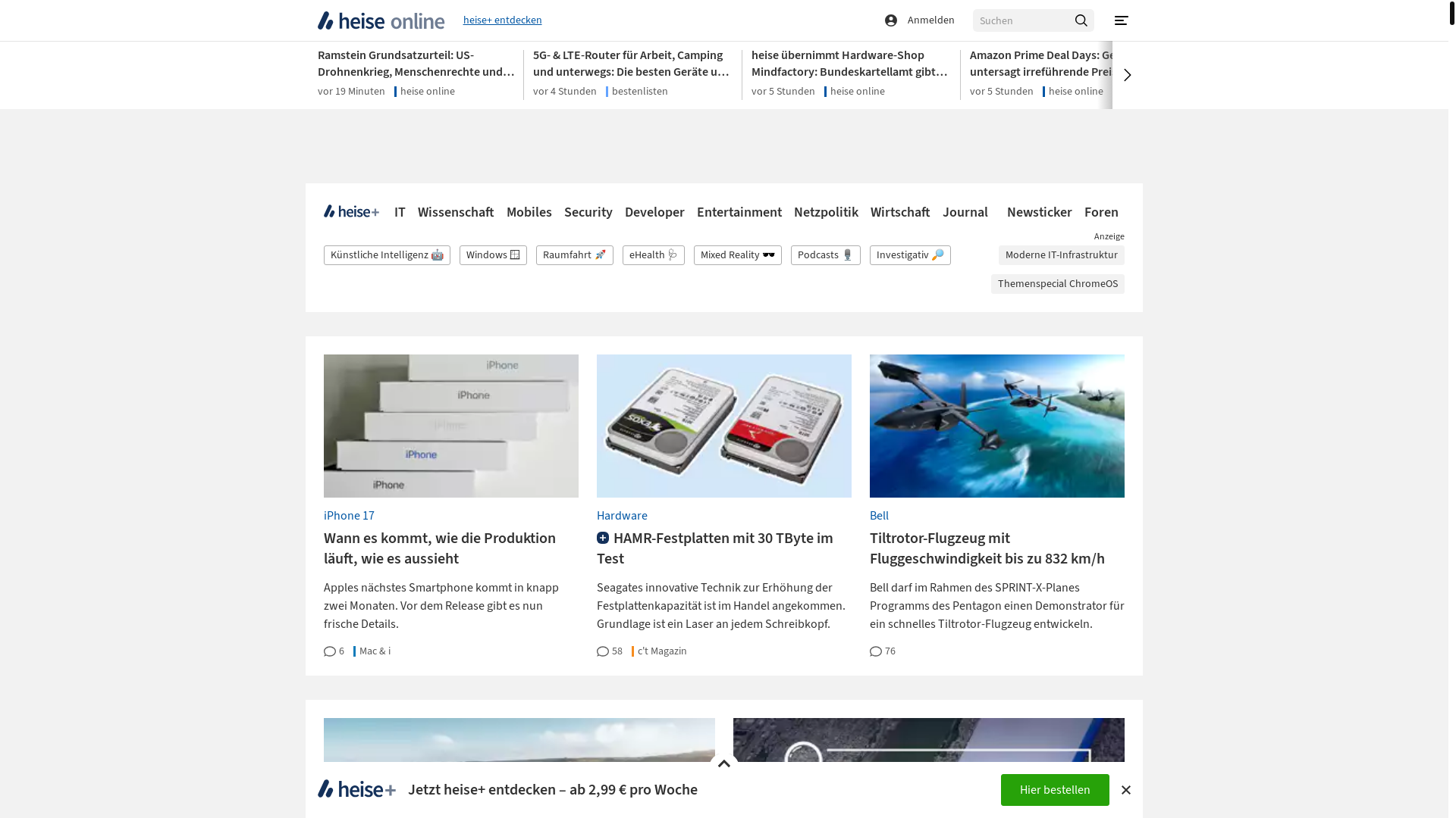 website screenshot of https://heise.de/