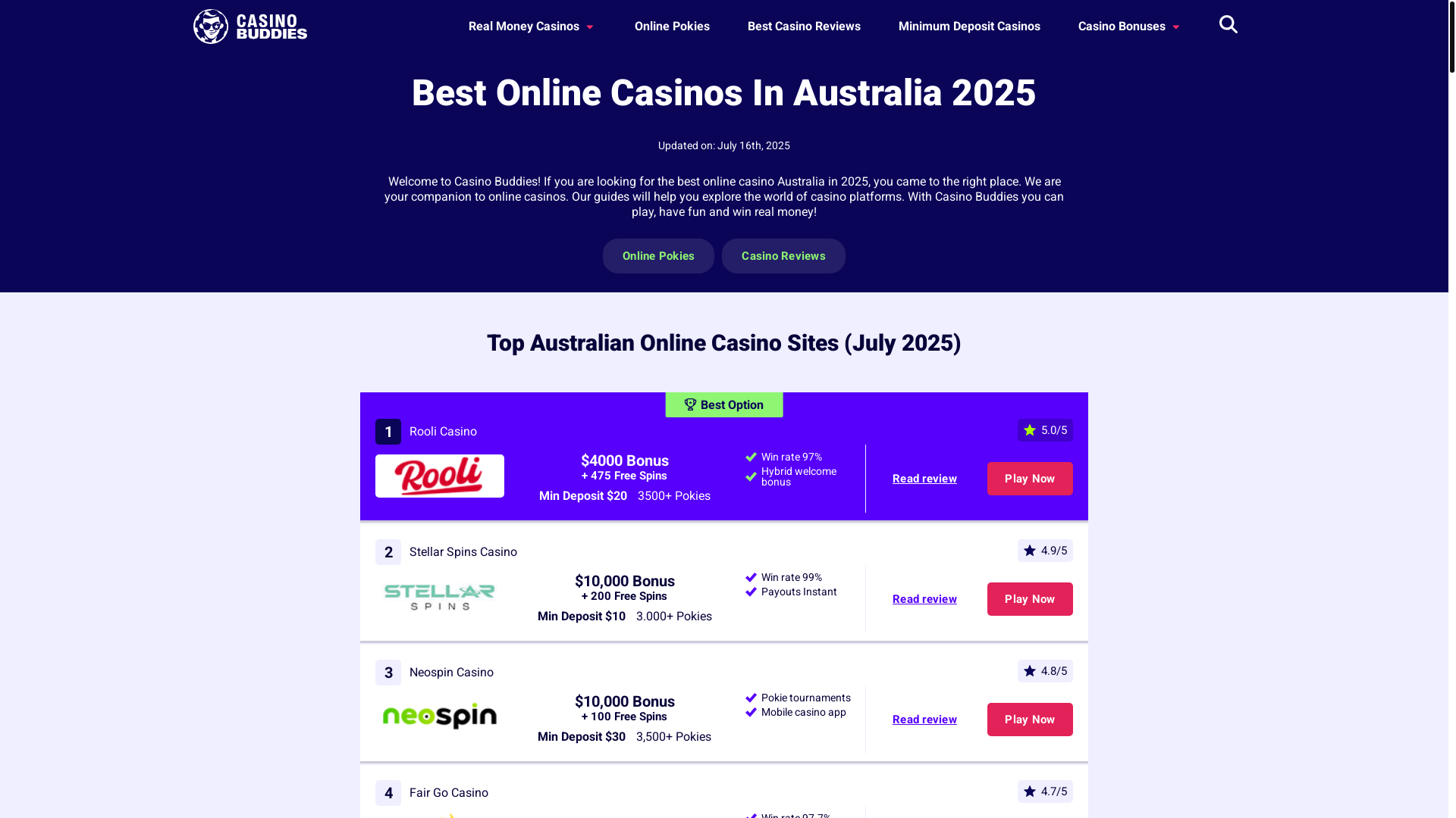 website screenshot of https://casinobuddies.com/