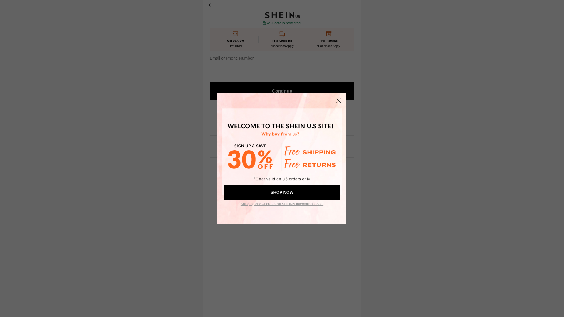 website screenshot of https://m.shein.com/user/login?redirection=%2Fuser%2Fdeleteuserinfo%2FYW1wNU1XRTVPVVp4UXpoWVRuVkphaHZIT3FRcm1IMWdPUzhrbStwWG9RRT0%3D%3FalreadyShow%3D1