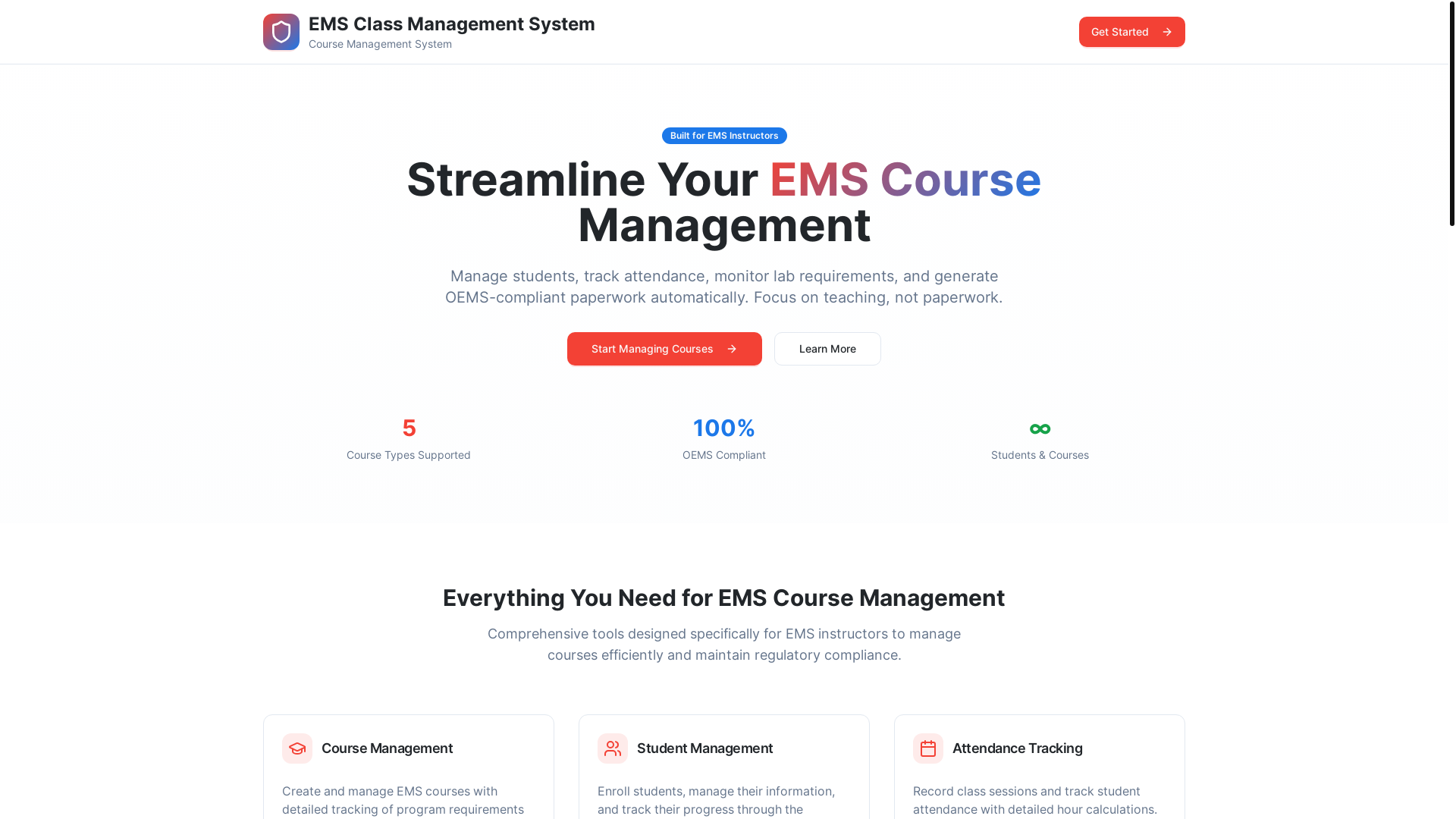 website screenshot of https://emsclassmanagement.com/