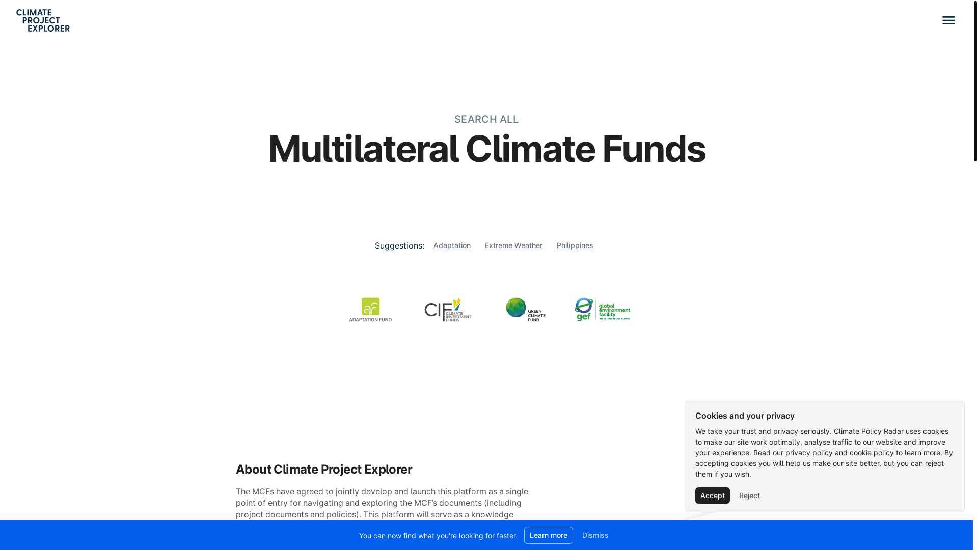 website screenshot of https://climateprojectexplorer.org/