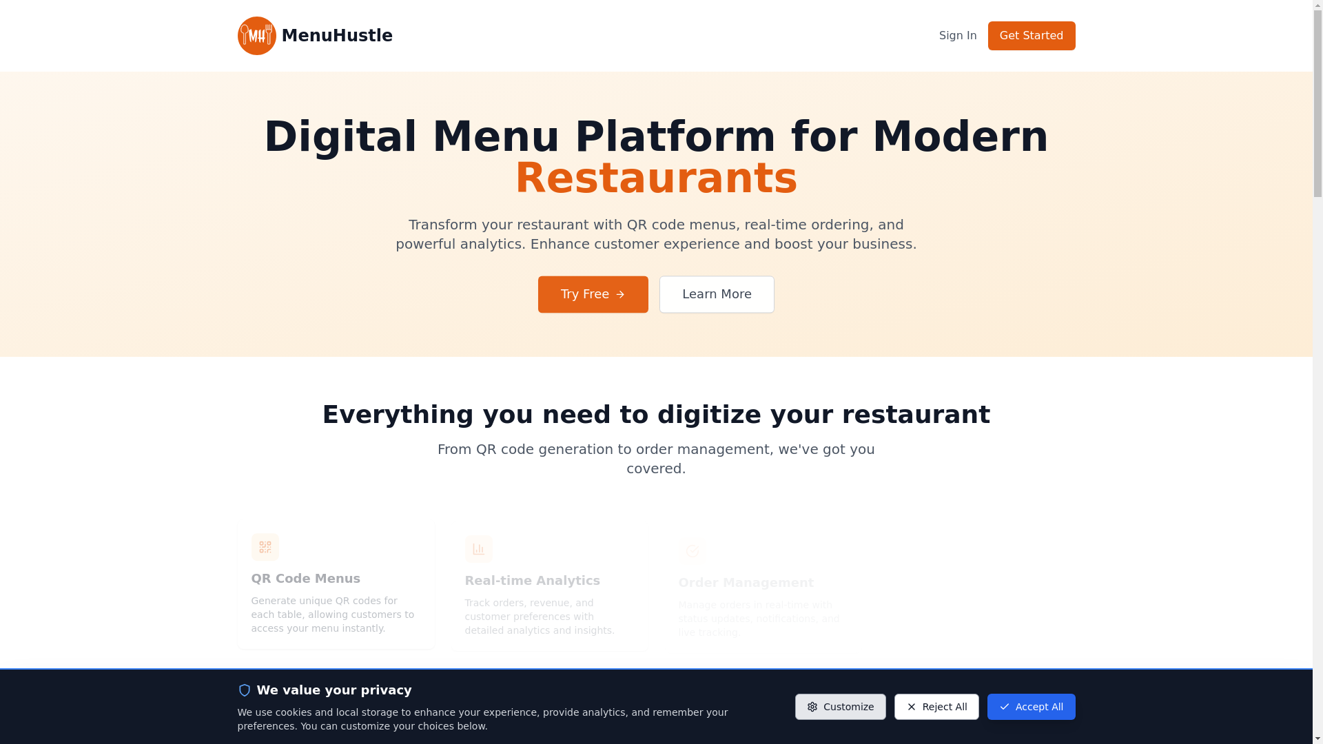 website screenshot of https://menuhustle.com