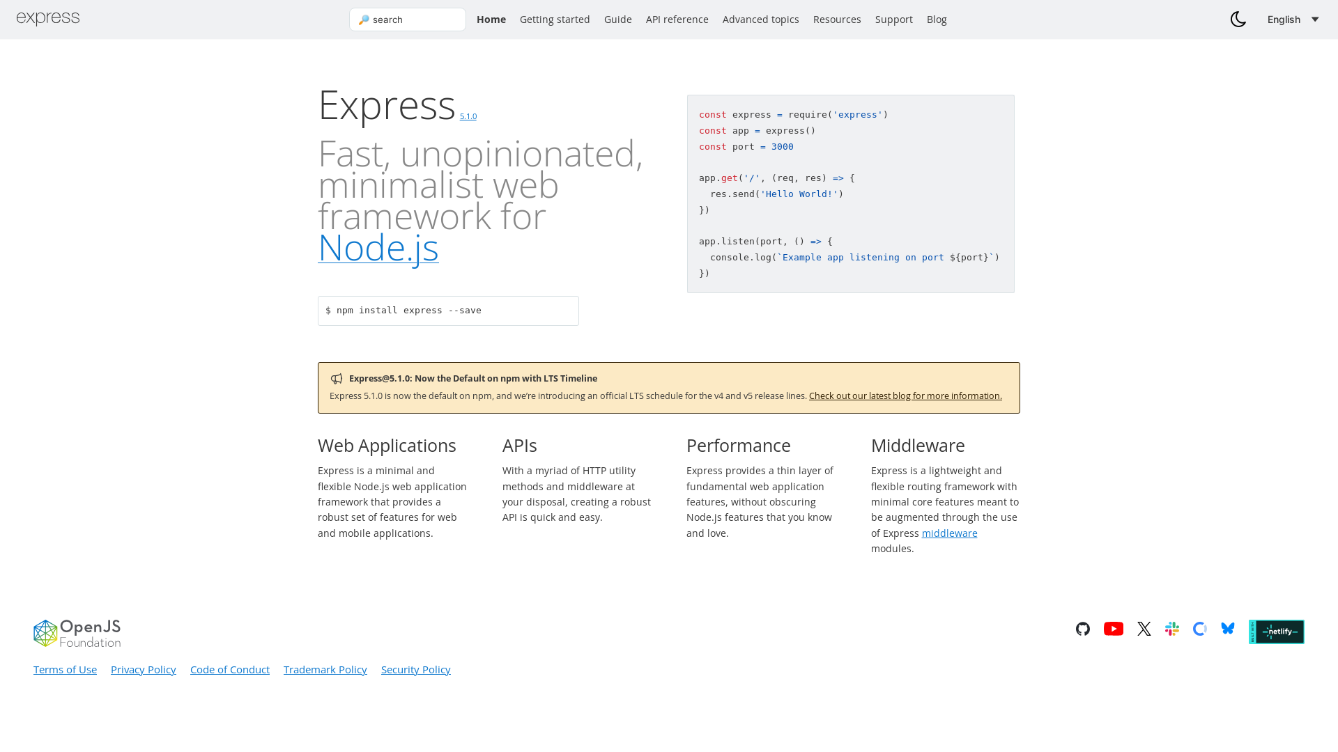 website screenshot of https://expressjs.com/