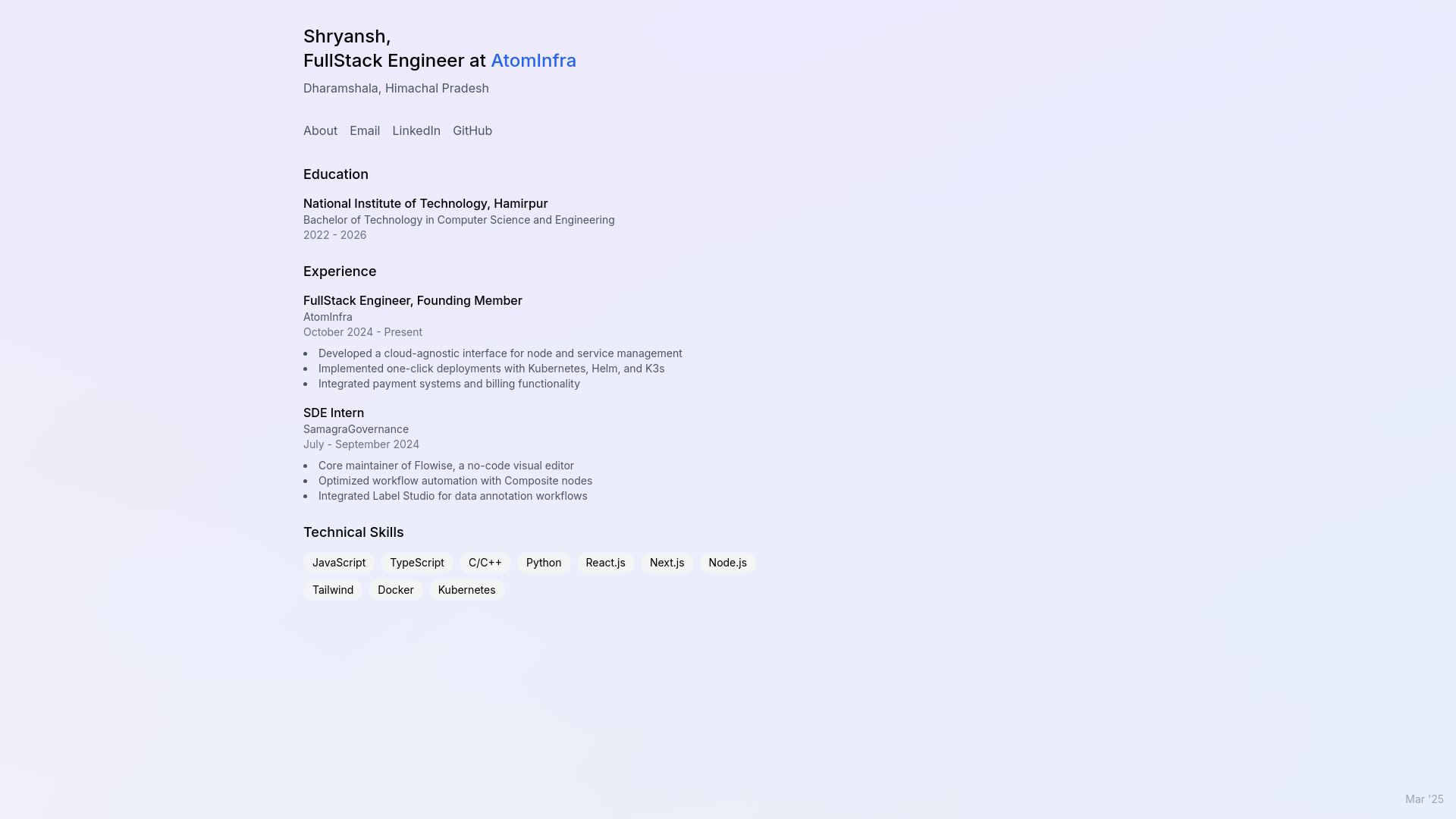 website screenshot of https://shryansh.in/