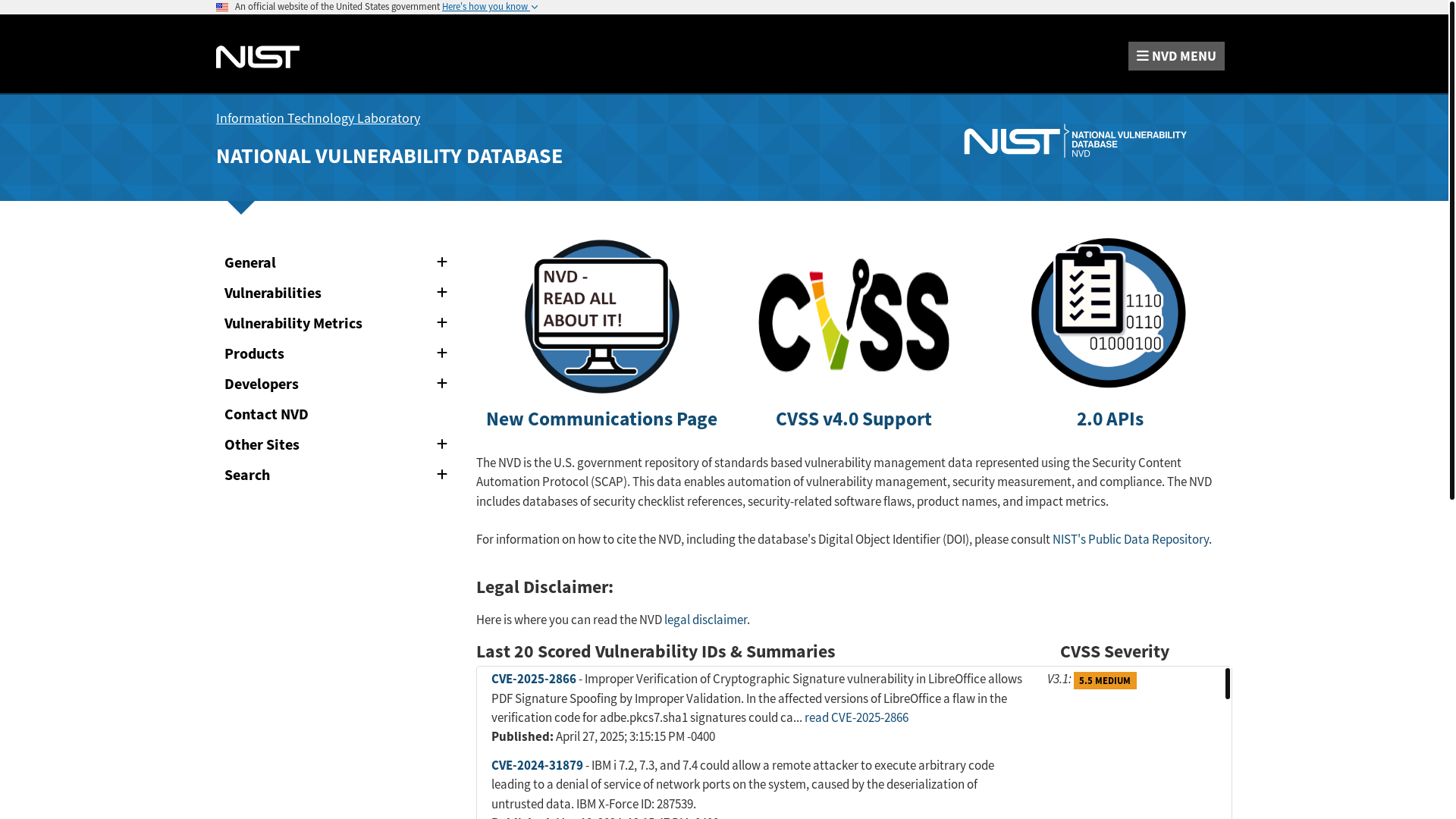 website screenshot of https://nvd.nist.gov/
