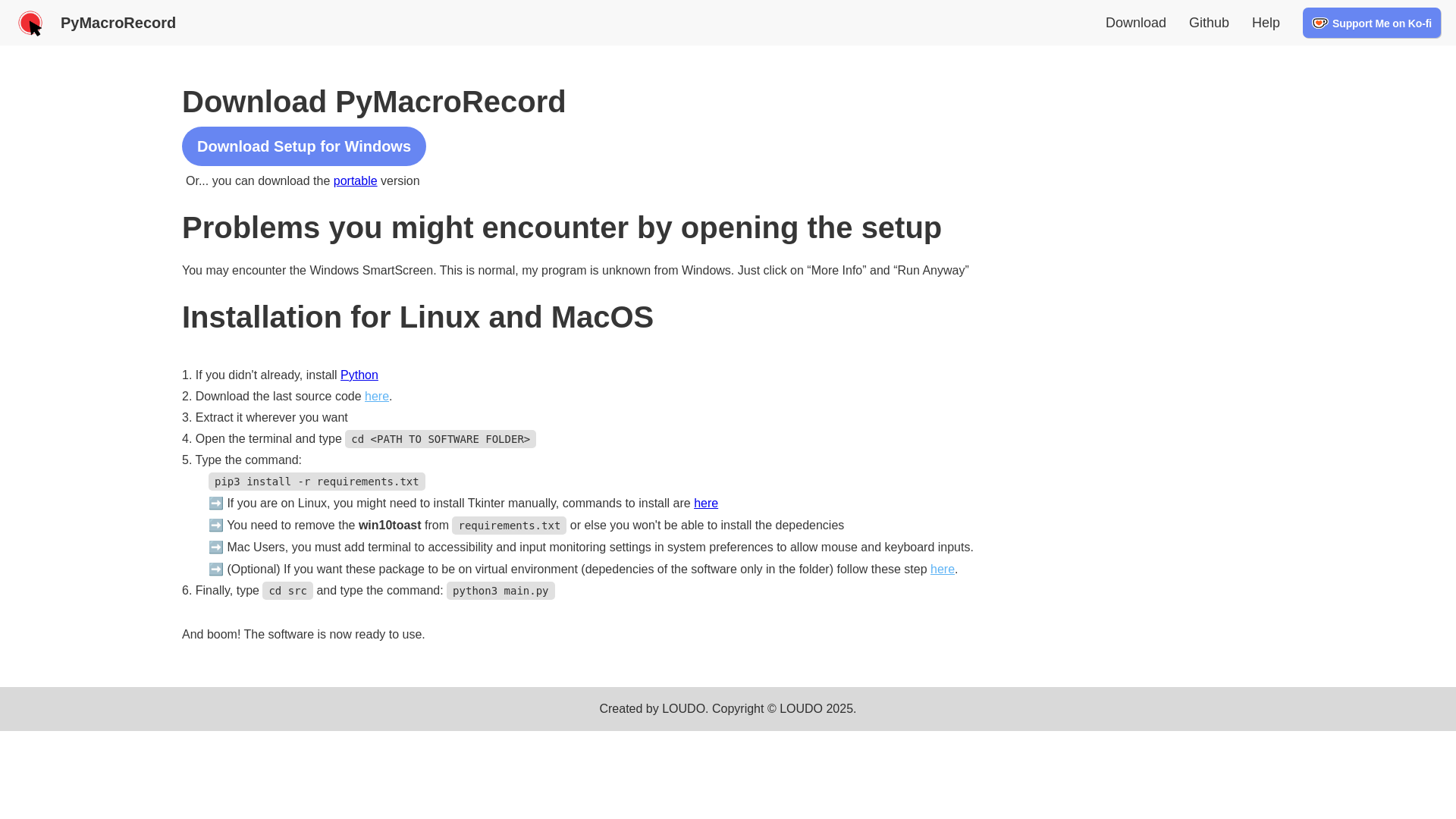 website screenshot of https://www.pymacrorecord.com/download