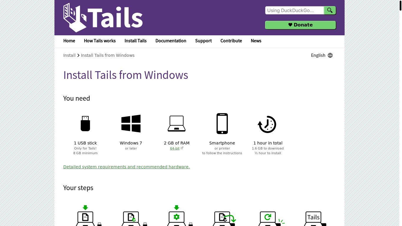 website screenshot of https://tails.net/install/windows/index.en.html