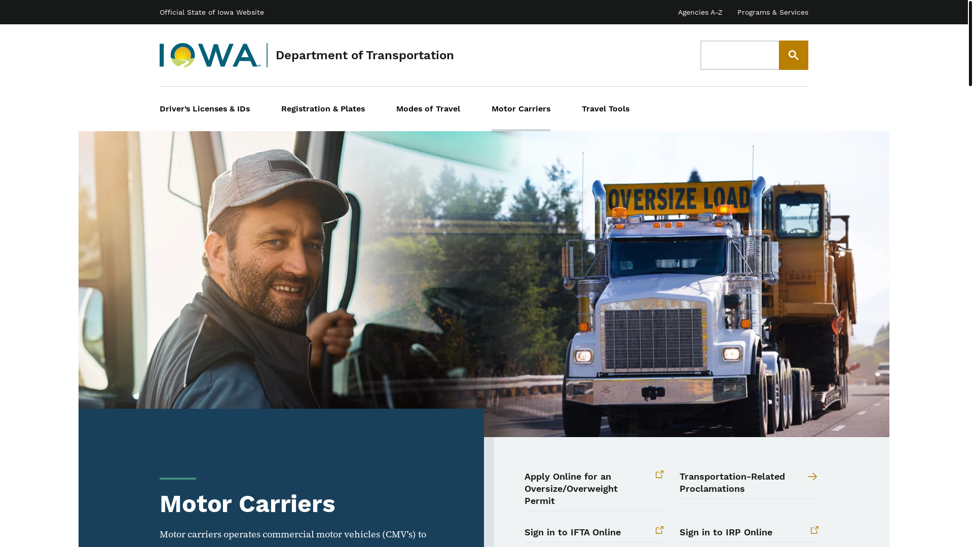 website screenshot of https://iowadot.gov/motor-carriers