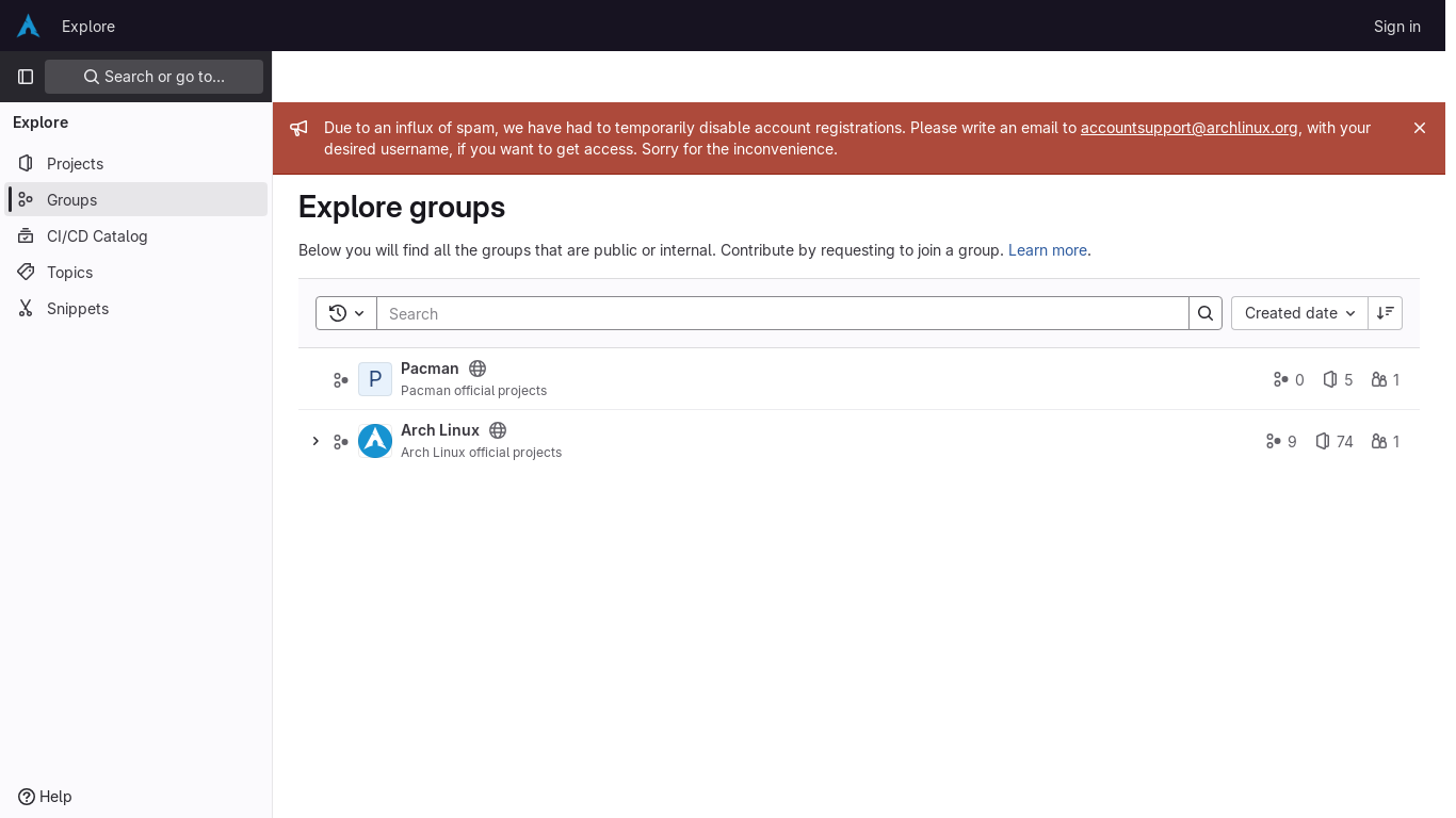 website screenshot of https://gitlab.archlinux.org/