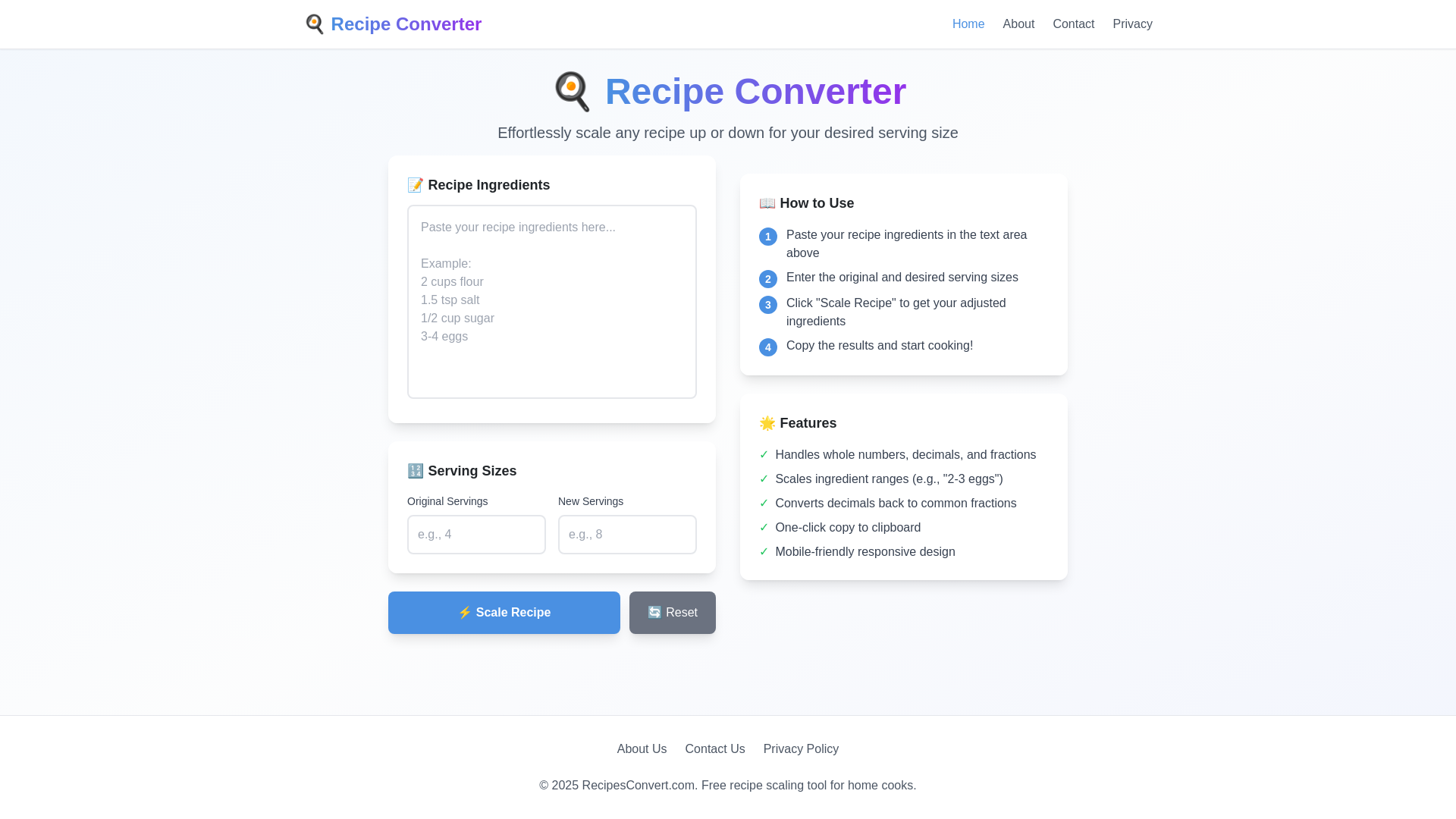 website screenshot of https://recipesconvert.com/