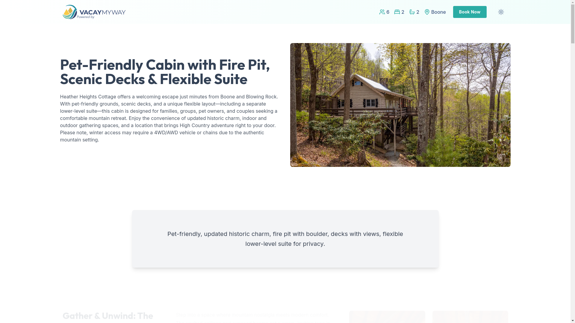 website screenshot of https://cozyboone.vacations/