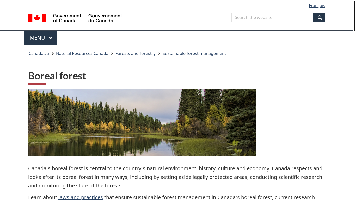website screenshot of https://natural-resources.canada.ca/forest-forestry/sustainable-forest-management/boreal-forest