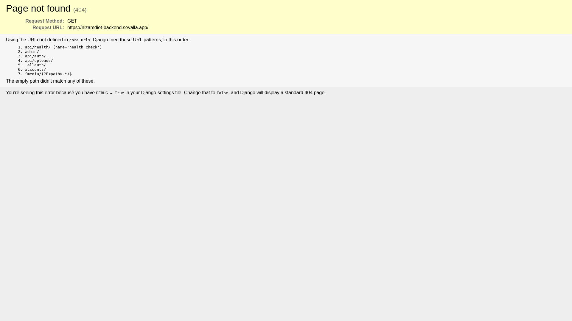 website screenshot of https://nizamdiet-backend.sevalla.app