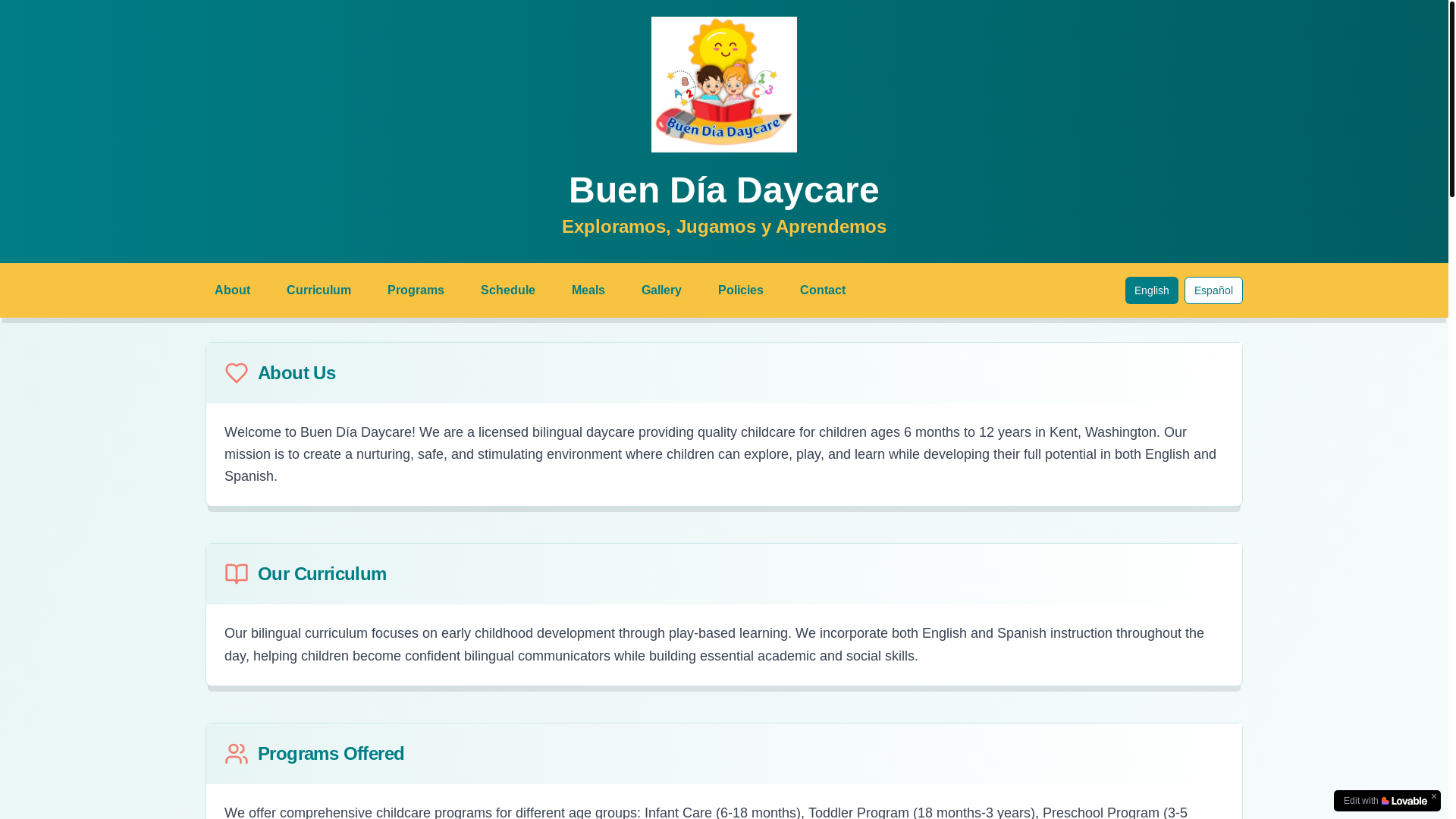 website screenshot of https://buendiadaycare.com/