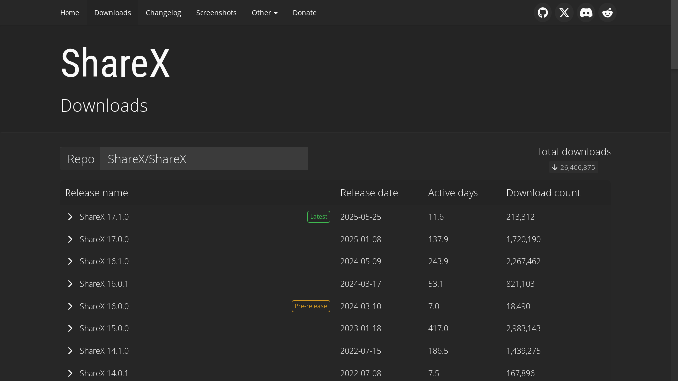 website screenshot of https://getsharex.com/downloads