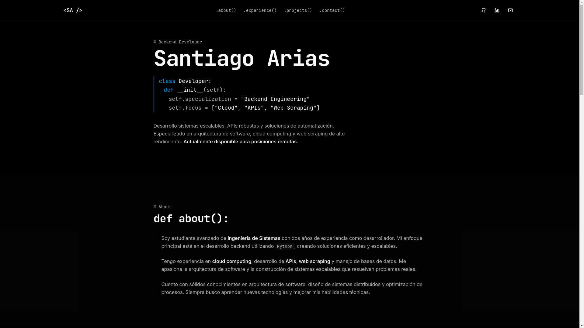 website screenshot of https://santiagoarias.codes/
