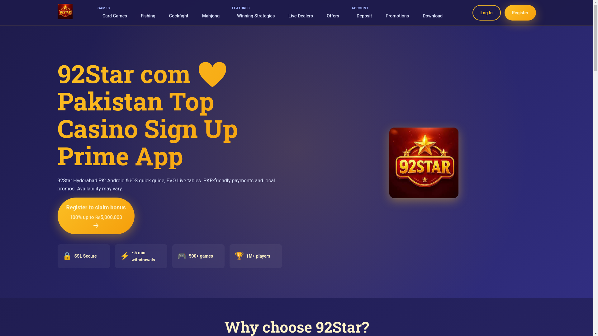 website screenshot of https://92starwin.com/