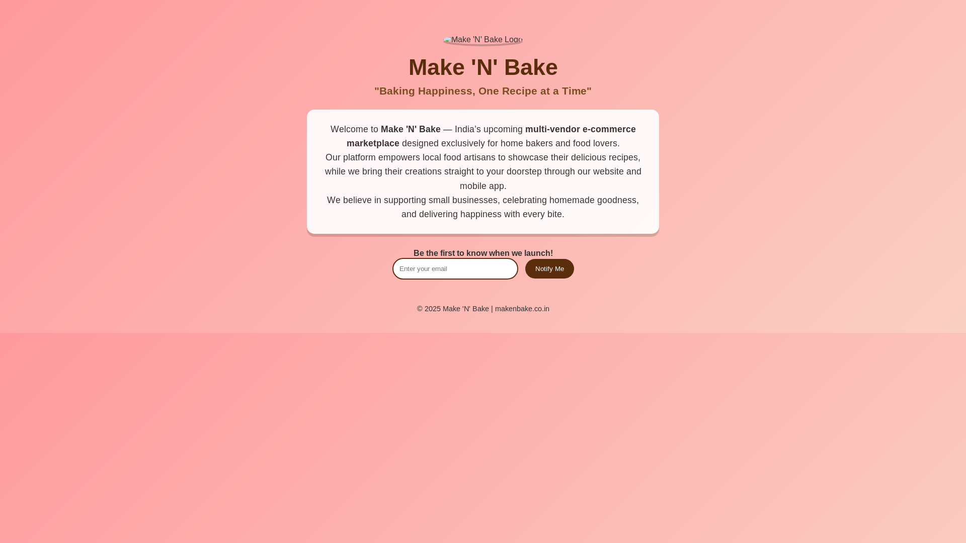 website screenshot of https://makenbake.co.in/