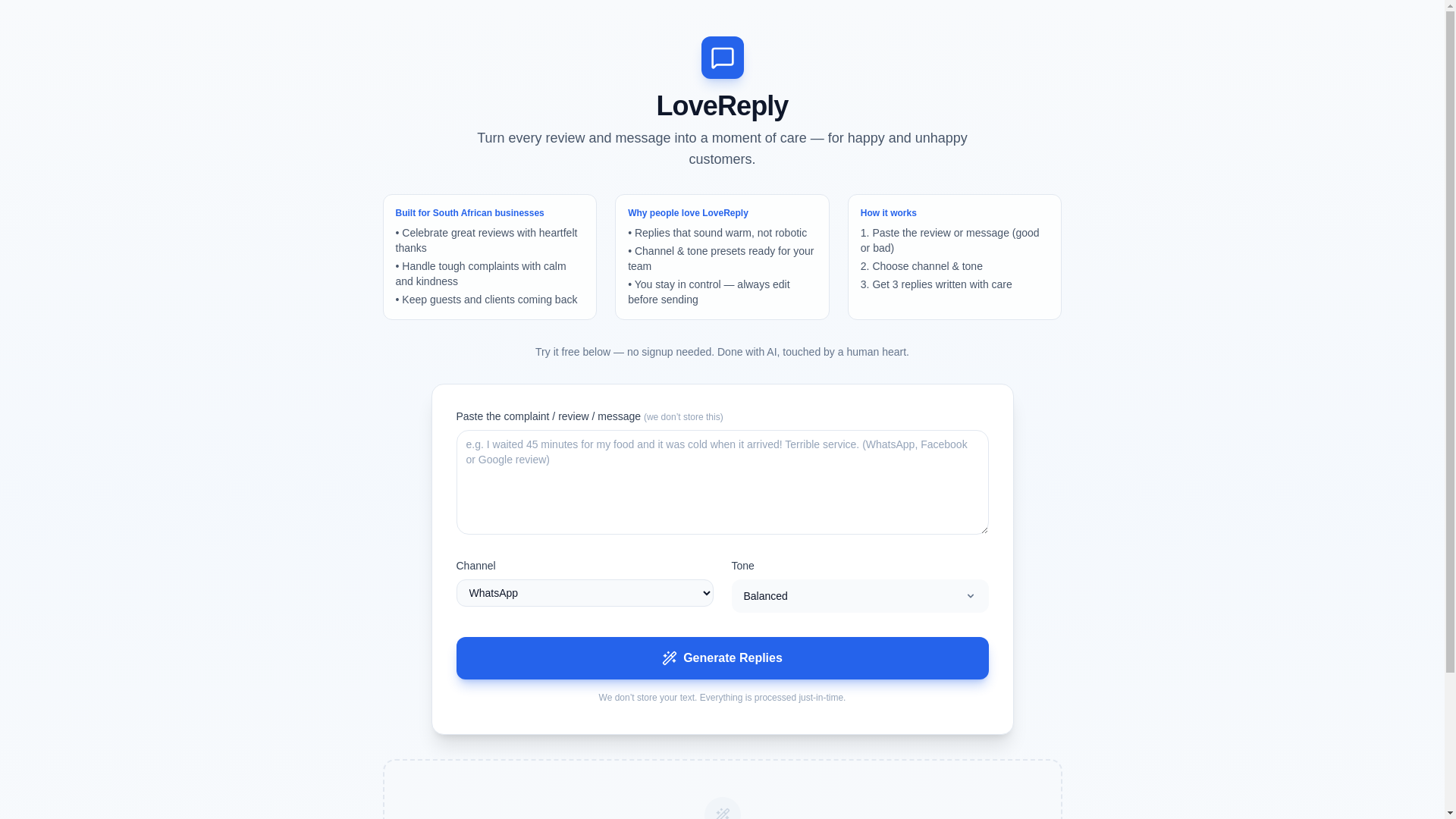 website screenshot of https://lovereply.co.za/