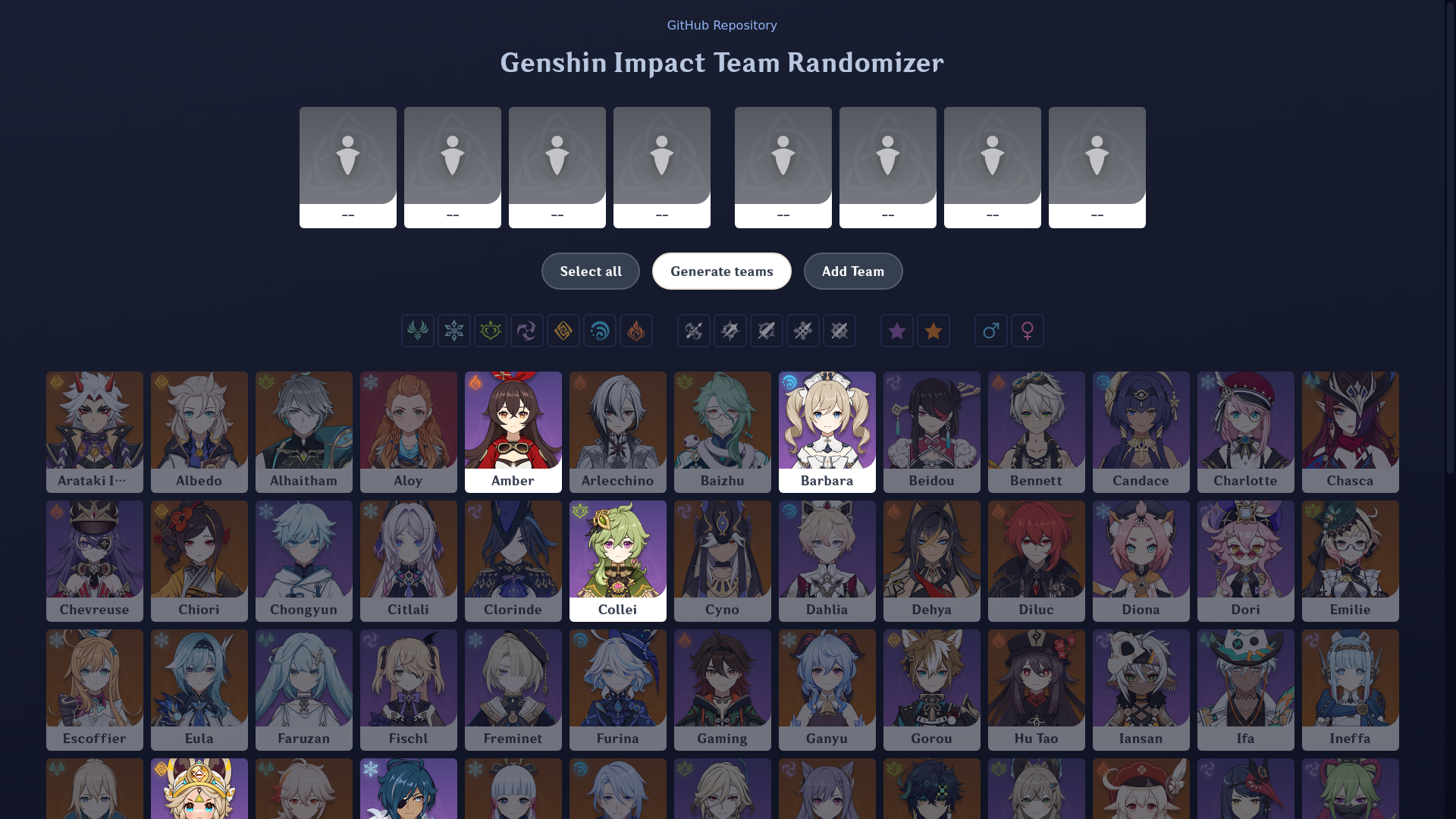 website screenshot of https://genshin-impact-team-randomizer.pages.dev/