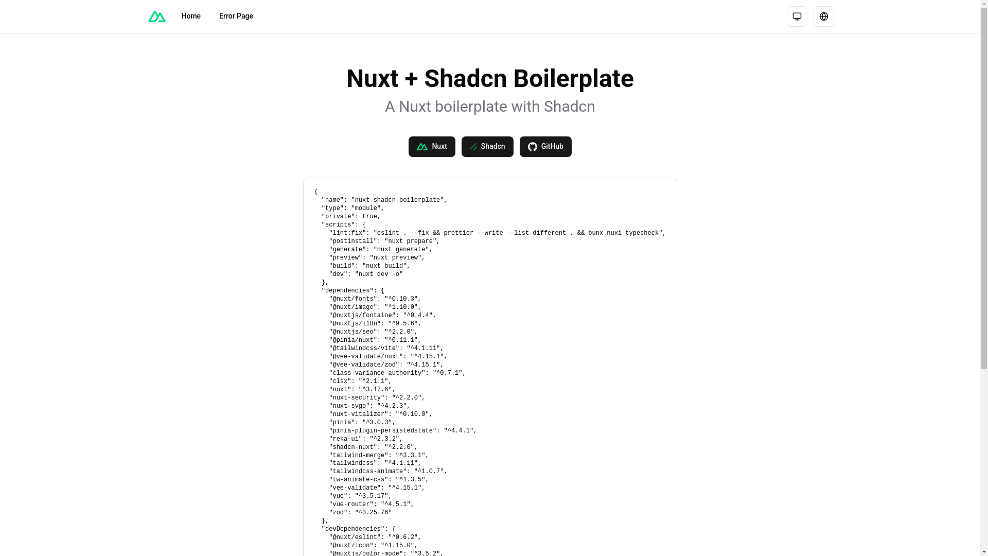 website screenshot of https://nuxt-shadcn-boilerplate.pages.dev/