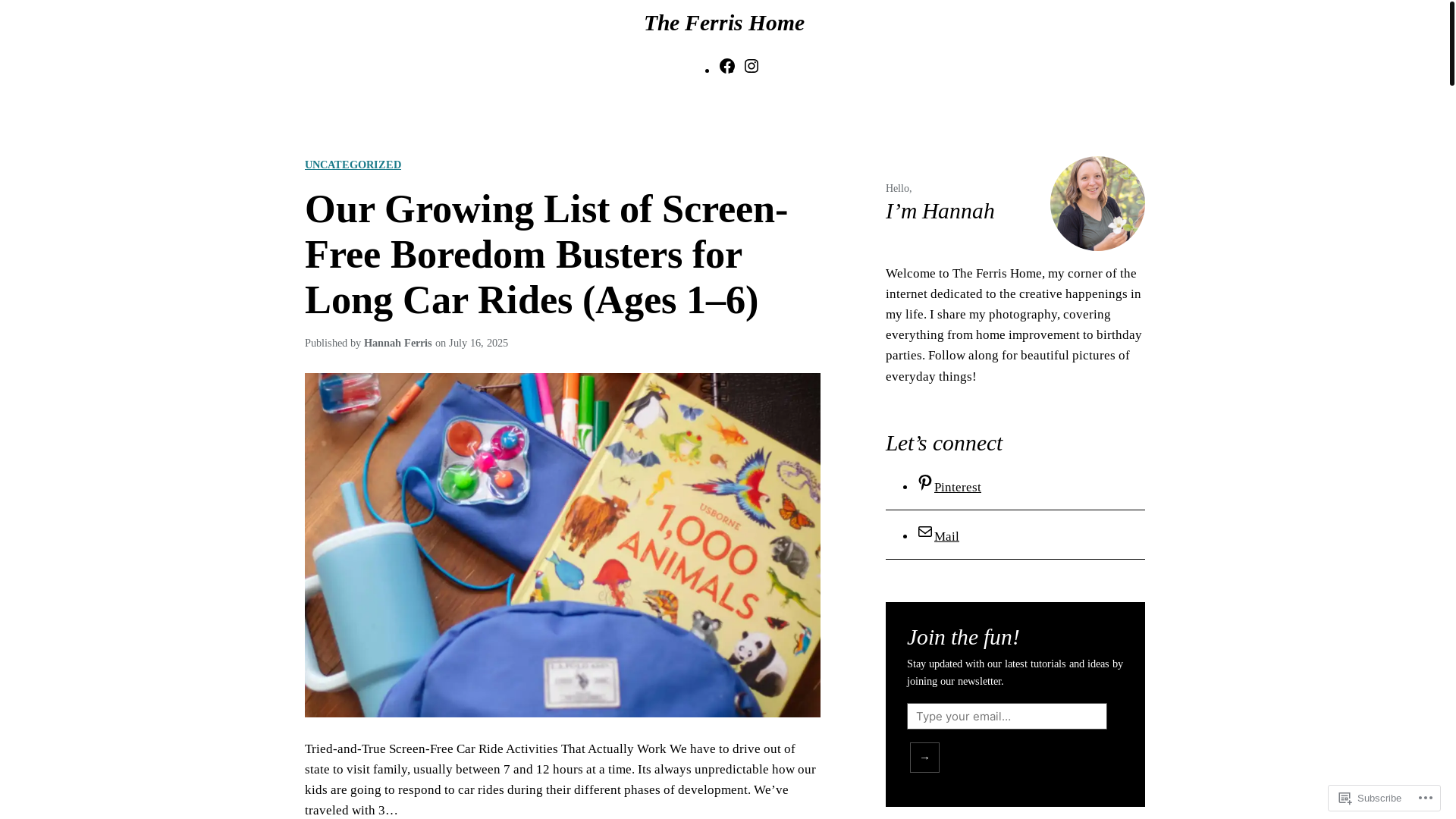 website screenshot of https://theferrishome.blog/