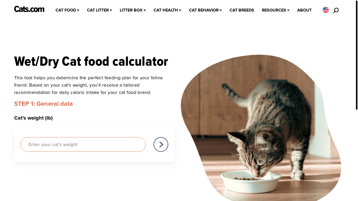 website screenshot of https://cats.com/wet-dry-cat-food-calculator
