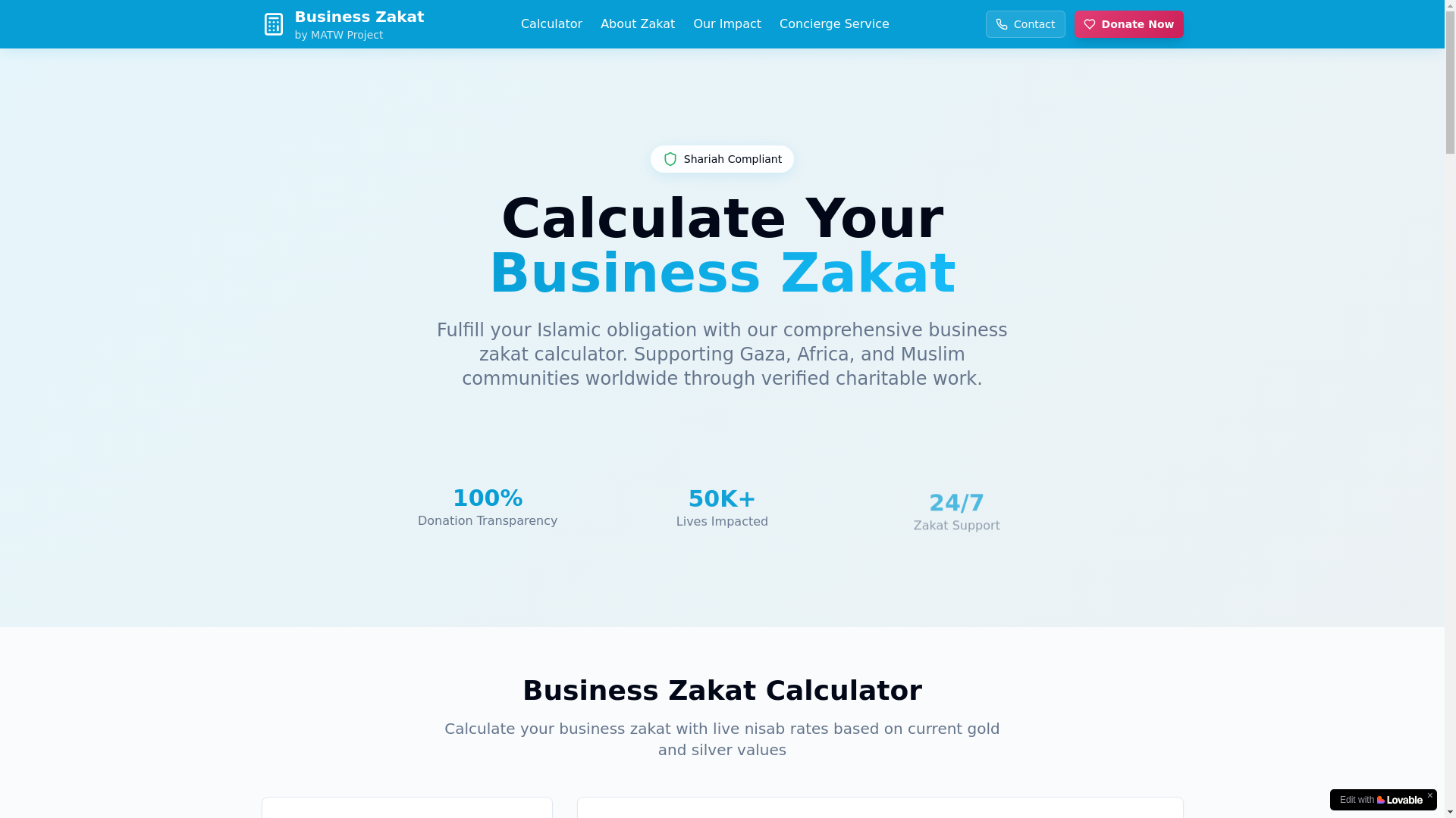 website screenshot of https://businesszakat.org/