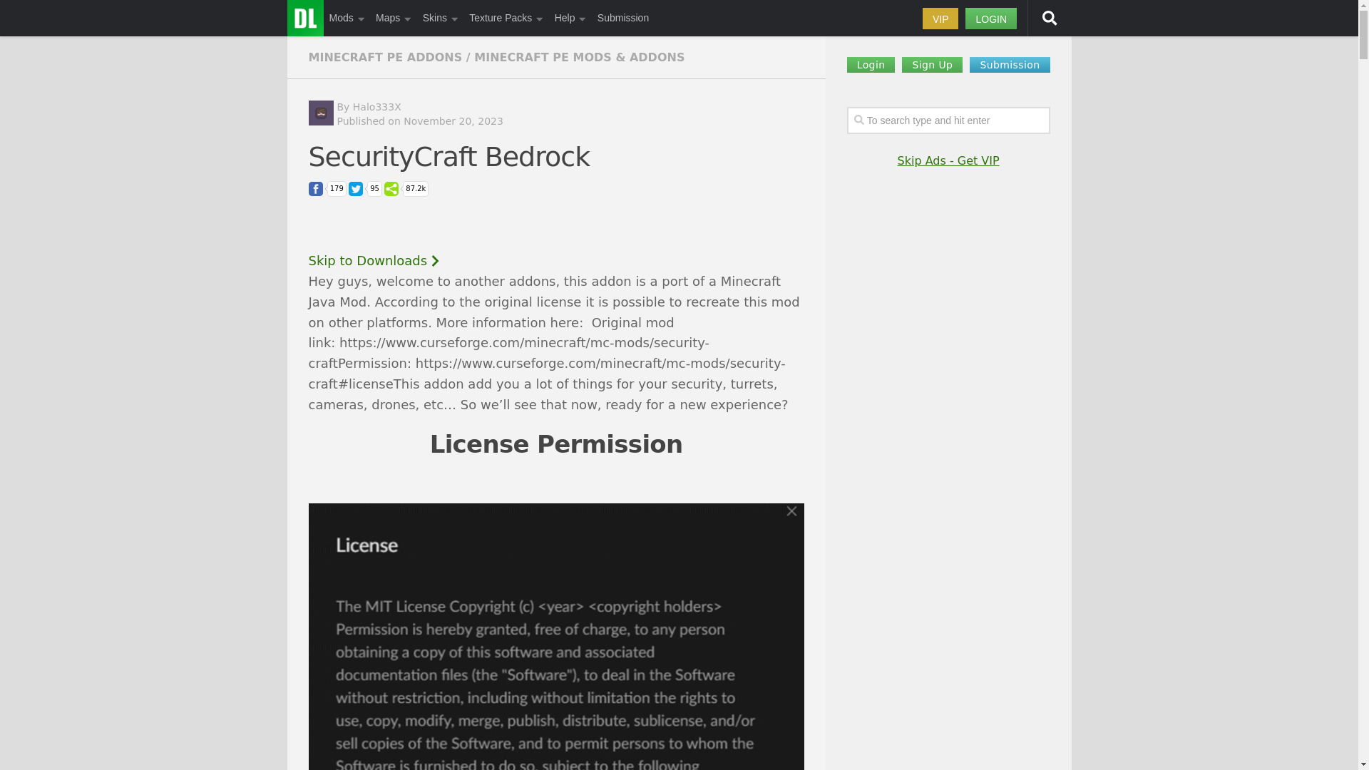 website screenshot of https://mcpedl.com/securitycraft-bedrock/