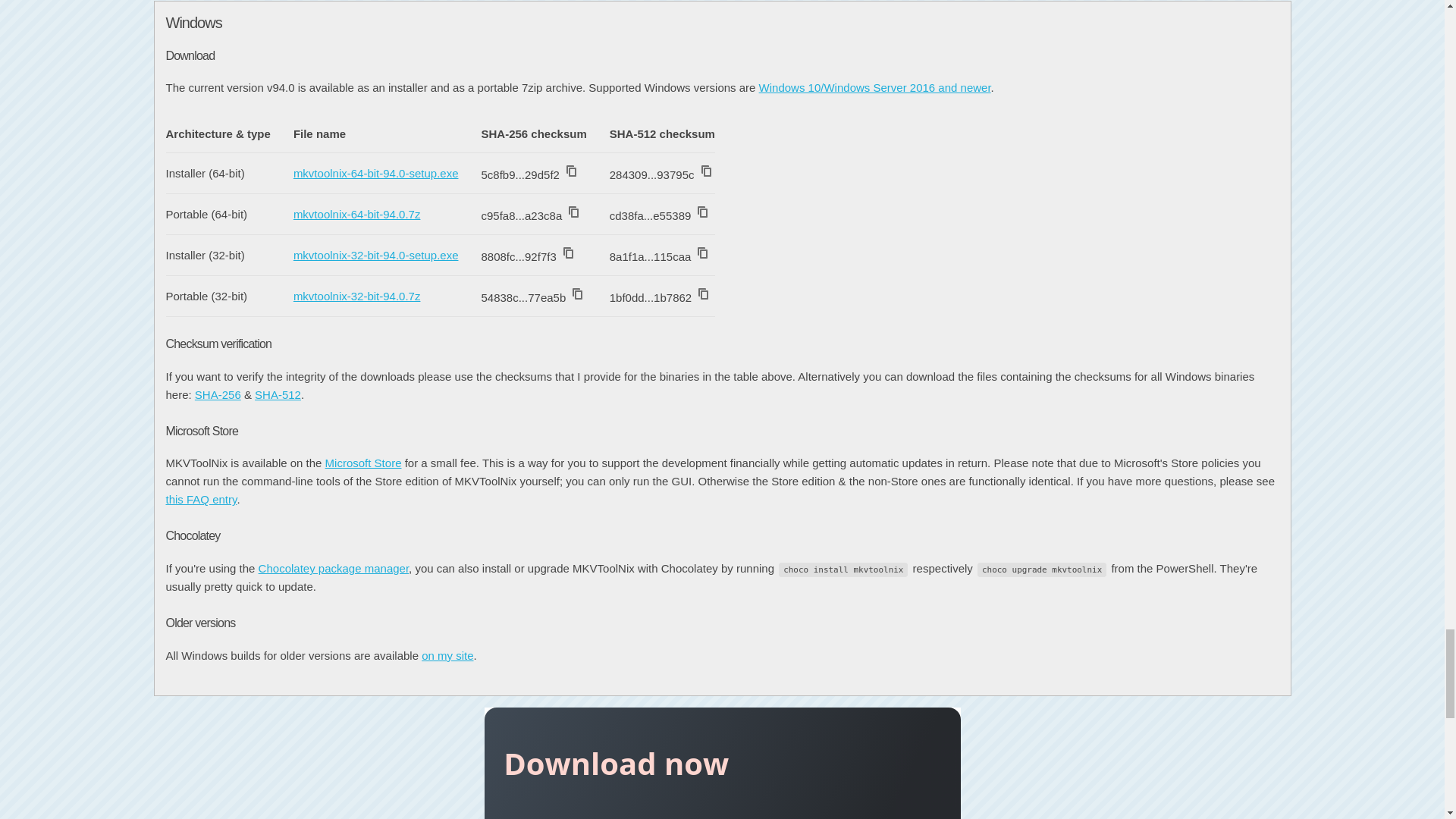 website screenshot of https://mkvtoolnix.download/downloads.html#windows