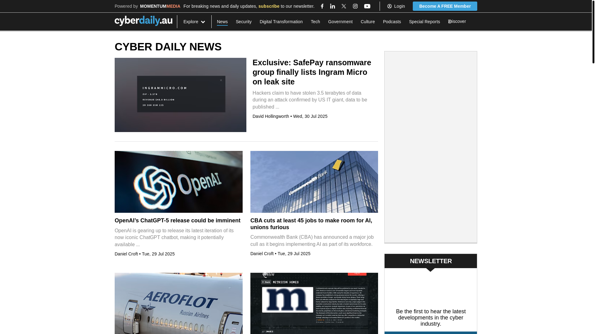website screenshot of https://www.cyberdaily.au/news