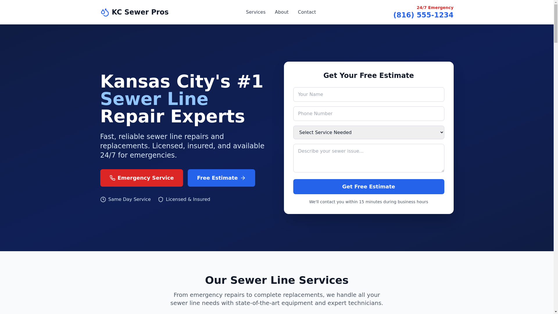 website screenshot of https://sewerlinerepairkansascity.com/