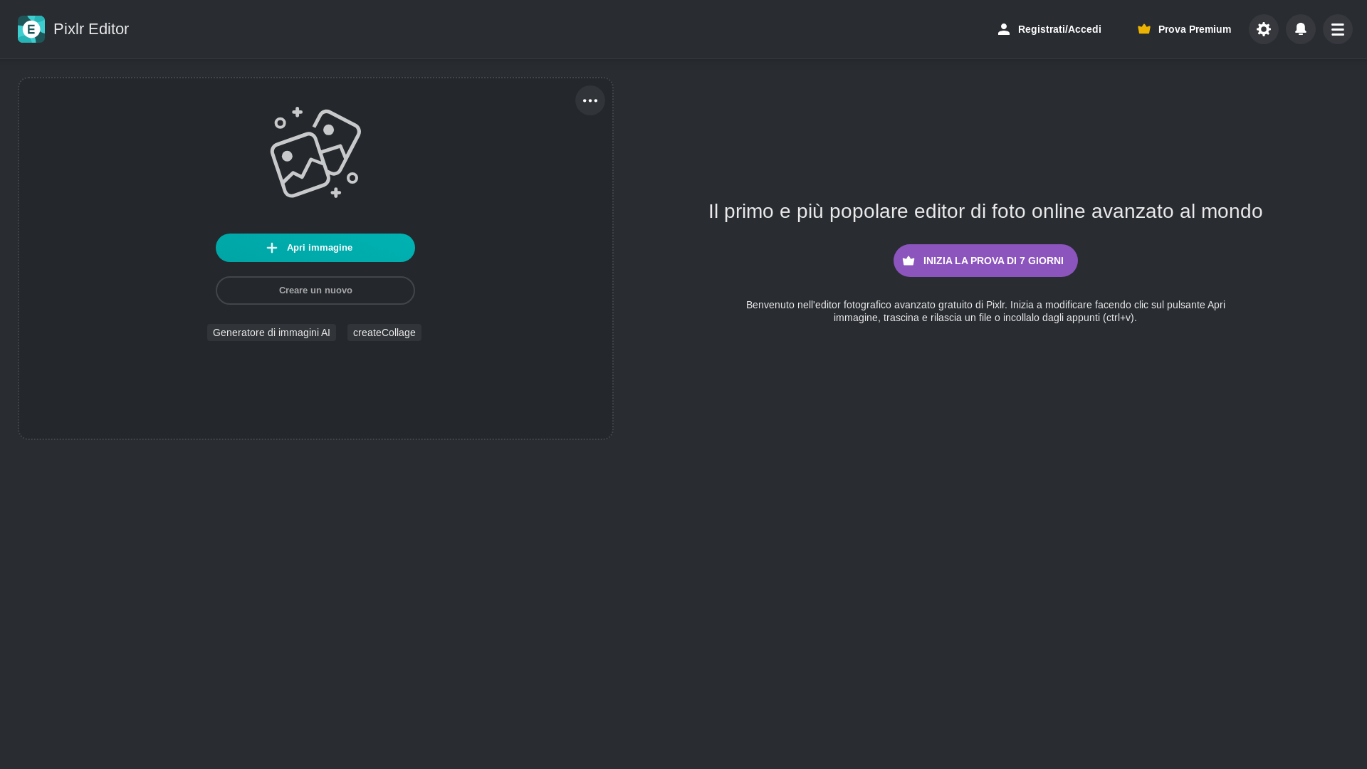 website screenshot of https://pixlr.com/it/editor/