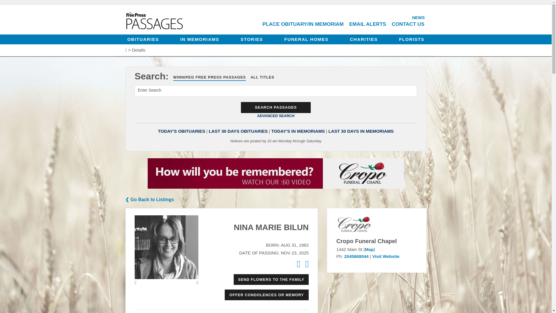 website screenshot of https://passages.winnipegfreepress.com/passage-details/id-334072/Bilun_%20Nina%20marie#/