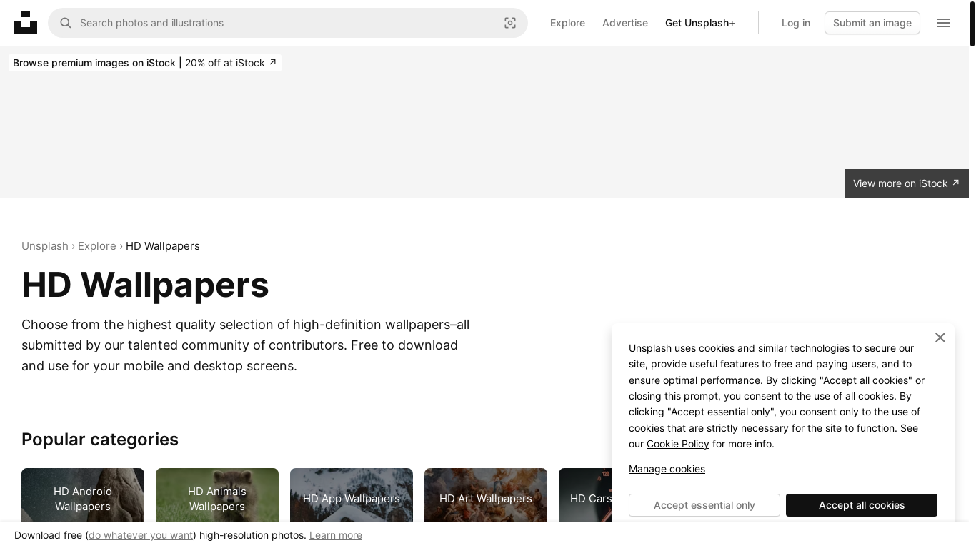 website screenshot of https://unsplash.com/wallpapers