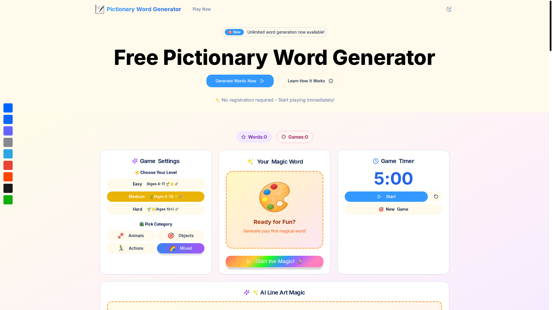 website screenshot of https://pictionarywordgenerator.app/