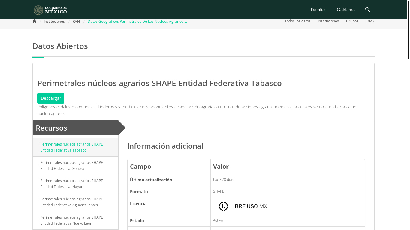 website screenshot of https://datos.gob.mx/busca/dataset/datos-geograficos-perimetrales-de-los-nucleos-agrarios-certificados-por-estado--formato-shape/resource/b713033c-089e-404e-8148-727689f41492