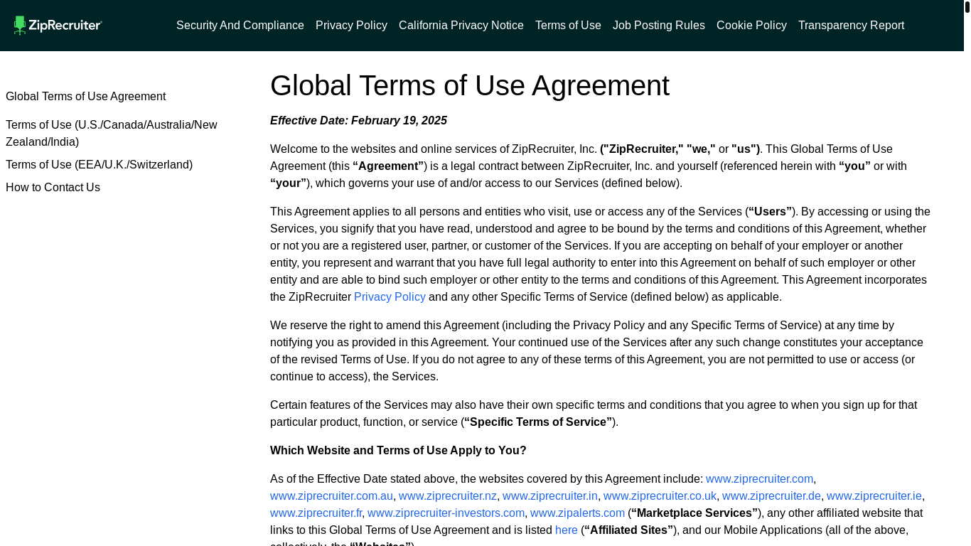 website screenshot of https://www.ziprecruiter.global/en/terms