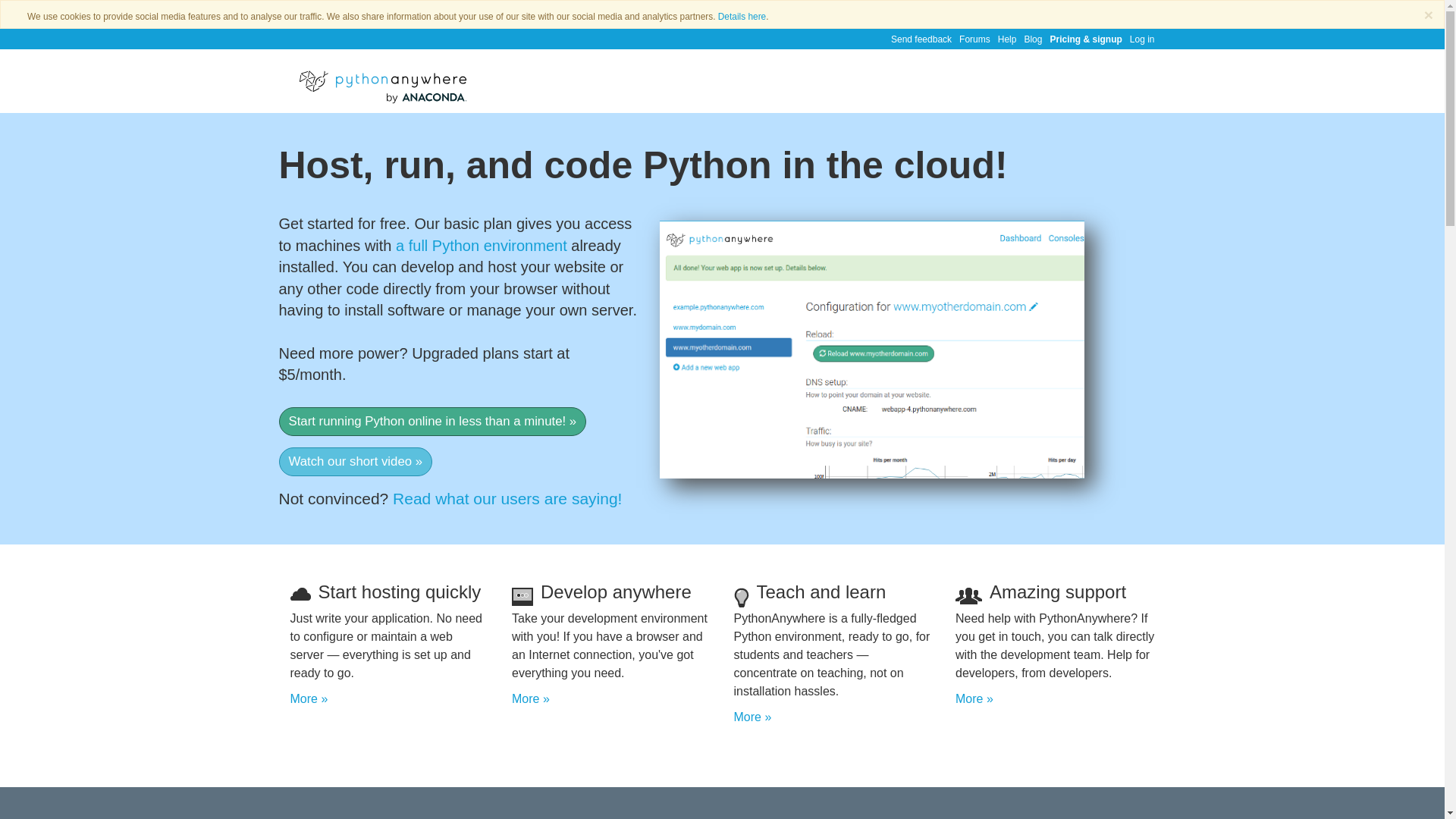 website screenshot of https://www.pythonanywhere.com/
